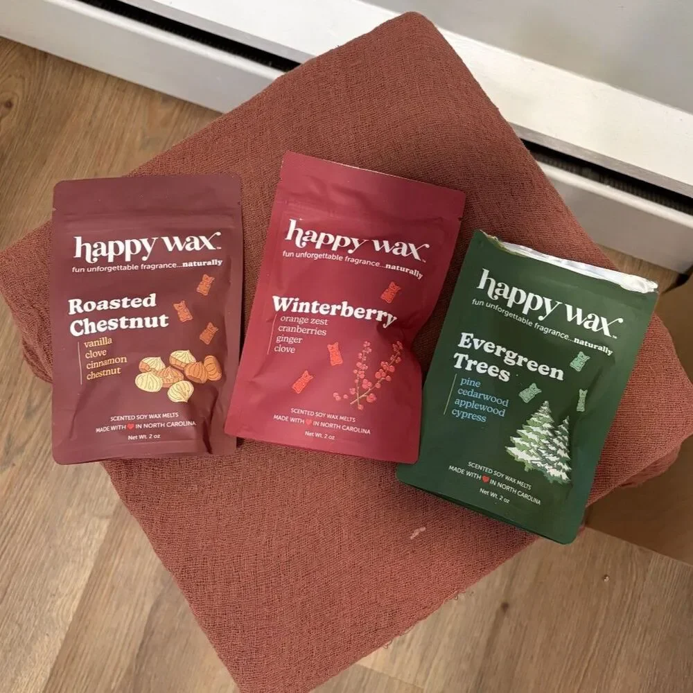 Happy Wax Soy Wax Melts Bundle Evergreen Winterberry Roasted Chestnut 3 Bags